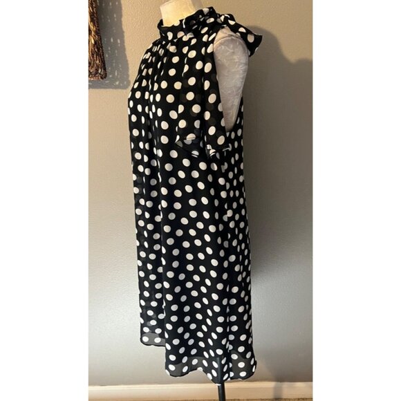 MSK Dress 14 Black White Polka Dot Mock Tie Neck Sleeveless Flowy Washable NEW - Picture 5 of 7